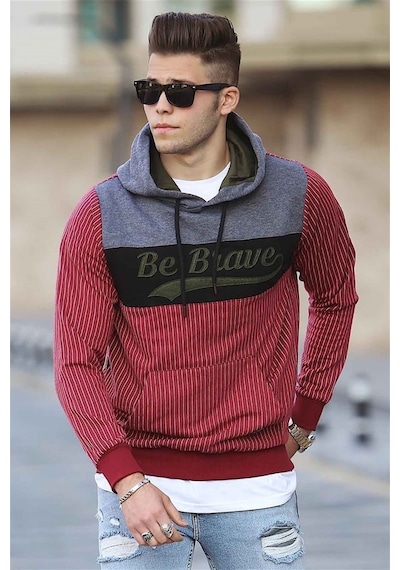 Madmext Kapşonlu Çizgili Sweatshirt Bordo 2815