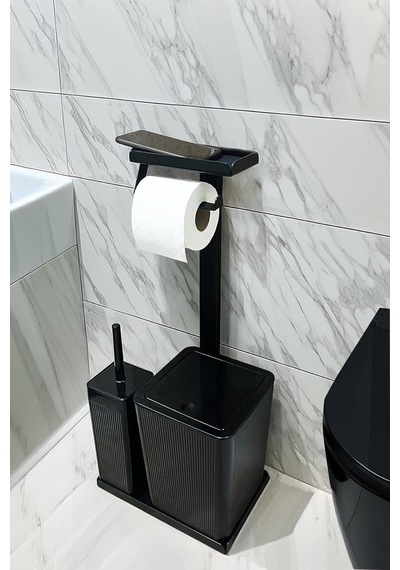 3'ü 1 Arada Banyo Seti Tuvalet Kağıtlık, Çöp Kovası Ve Tuvalet Fırça Takımı Set Çizgili Siyah Genel