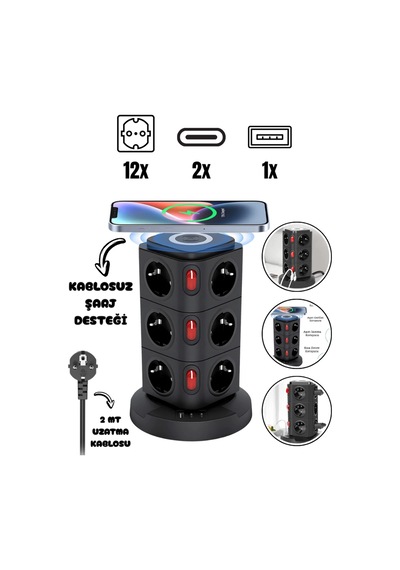 Akım Korumalı Priz Kablosuz Şarj İstasyonu 12xsoket 1xusb 2xtype-c 2 Mt Kablolu Grup Priz Çoğaltıcı 2 M