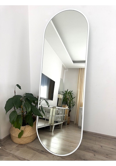 Effe Beyaz Metal Çerçeveli 180x60 Cm Elips Model Ayaklı Boy Aynası