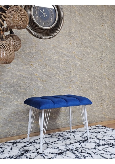Zafir Metal Beyaz Tel Ayaklı 60 Cm Puf Bench - Puf - Bench - Oturak - Mutfak Oturağı - Antre Oturağı Mavi