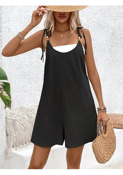 DefyModa Kadın Ip Askılı Yuvarlak Yakalı Boncuk Detaylı Geniş Paçalı Salaş Kısa Pera Tulum Siyah
