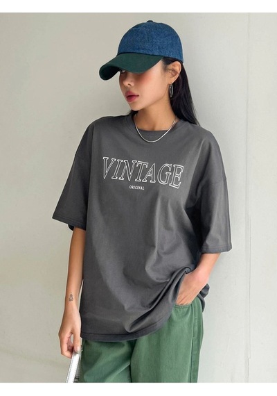 Flood Of Style Kadın Antrasit Vintage Baskılı Oversize Bisiklet Yaka Tshirt Gri