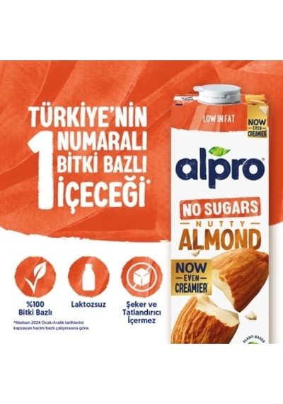 1 L Vegan Laktozsuz Şekersiz Badem Sütü