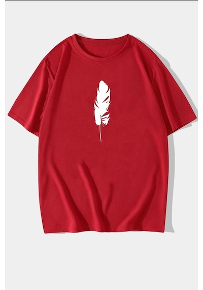 Unisex Tüy Baskılı Tasarım Tshirt Kırmızı