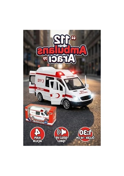1:30 Metal Çek Bırak Ambulans Sesli Işıklı 4 Kapısı Açılan Oyuncak Model Araba 14cm