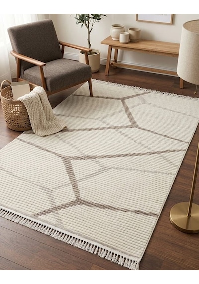 Zara Serisi Krem Vizon Geometrik Desenli Modern Halı Gf711 Çok Renkli
