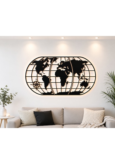 3 Parcalı Modern Dünya Haritası Duvar Süsü 6 Mm 70x40 Cm