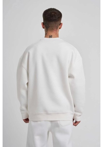 Unisex Biskilet Yaka Üç İplik Sweatshirt - Beyaz