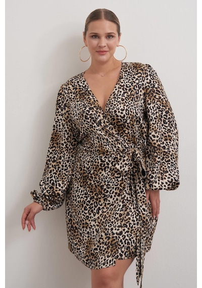 Myline Beli Kuşaklı Leopar Elbise-2571 Kahverengi