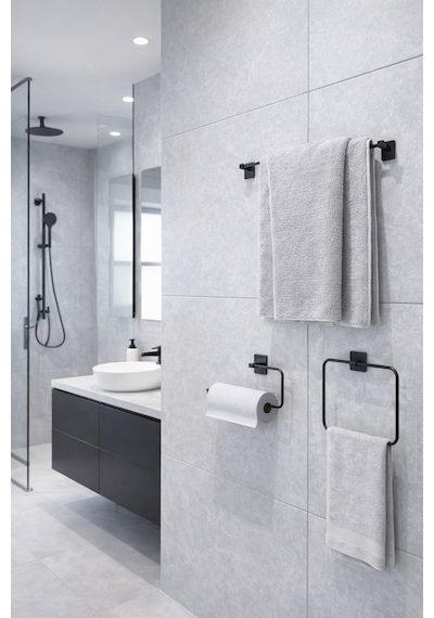 Alper Banyo Jasmin Siyah 3'Lü Yapışkanlı Banyo Seti Uzun Havluluk, Halka Havluluk Ve Solo Havluluk