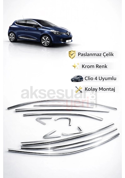 Renault Clio 4 Krom Cam Çıtası Çerçevesi Tam Tur Paslanmaz Çelik
