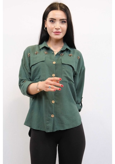 Moda Çizgi Pamuklu Keten Gömlek Zümrüt Çok Renkli
