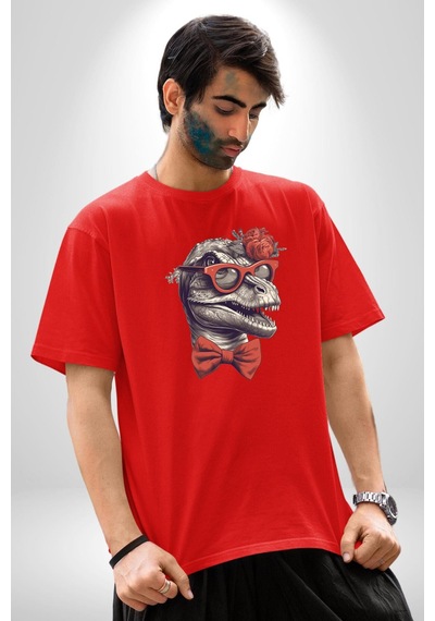 Kırmızı Gözlük Papyon Dinazor Pamuklu Bisiklet Yaka Unisex Oversize Boyfriend Dijital Baskılı Kırmızı T-shirt Kırmızı