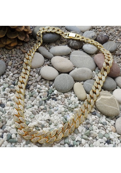 Chavin 13 mm. Kalın 60 cm. Taşlı Gold  Alloy Erkek Zincir ek21sr Altın