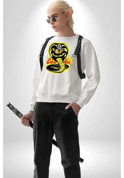 Cobra Kai Karete Çocuk Yılan Logo Dizi Unisex Beyaz Sweatshirt Beyaz