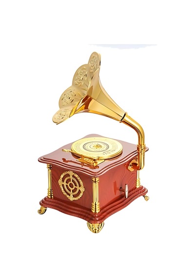 Nostaljik Mini Kahverengi Gramafon Müzik Kutusu - Mekanik Masa Aksesuarı Hediyelik Kahverengi