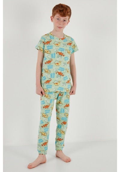 Lela Desenli % 100 Pamuk Bisiklet Yaka Erkek Çocuk Pijama Takımı 6651003 Mint