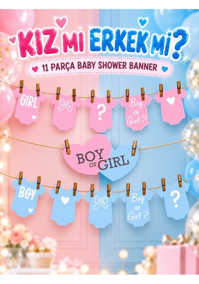 Hiras Dizayn Baby Shower İpli Banner Seti 11 Parça Kız Mı Erkek Mi Pembe Mavi Mavi - Pembe
