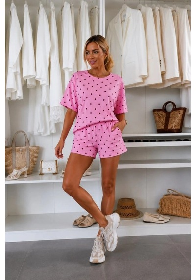 Valensdesign Kadın Puantiyeli Viskon Kumaş Şortlu Takım Pembe