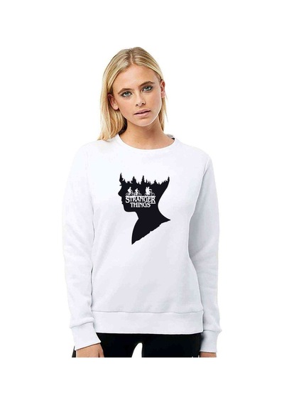 Stranger Things Baskılı Beyaz Kadın Sweatshirt