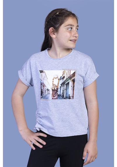 Toontoy Kids Toontoy Kız Çocuk Dijital Baskılı Tişört Gri Melanj