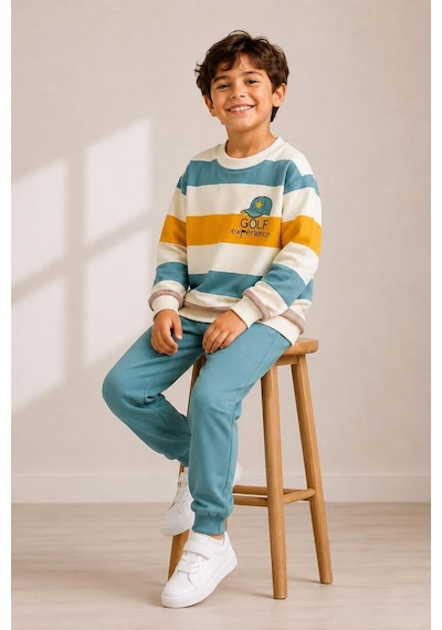 Pina Kids Erkek Çocuk Çizgili Desenli Okul Günlük Eşofman Takımı Esf7036 Mint