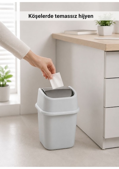 Gri Sallanır Kapaklı Çöp Kovası 6 L - Çalışma Masası Kenarı Ve Banyo İçin Pratik Atık Kutusu