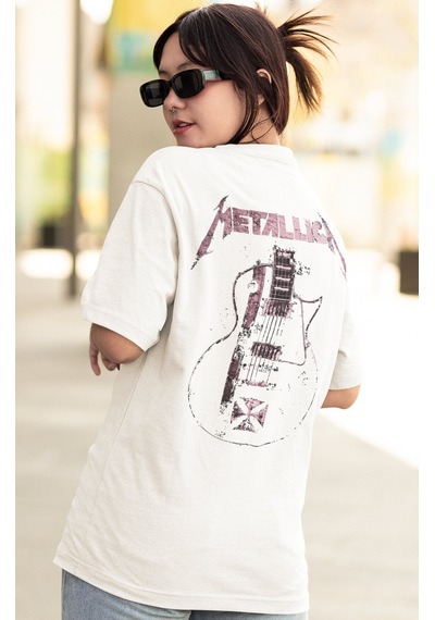 Sevbano Metallica Rock Metal Müzik Grubu Sırt Baskılı Unisex Oversize Tiş Beyaz