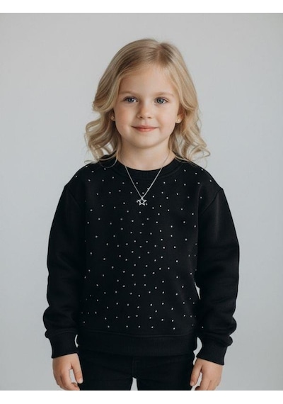 Kız Çocuk Pamuklu Taşlı Sweatshirt-16747 Siyah