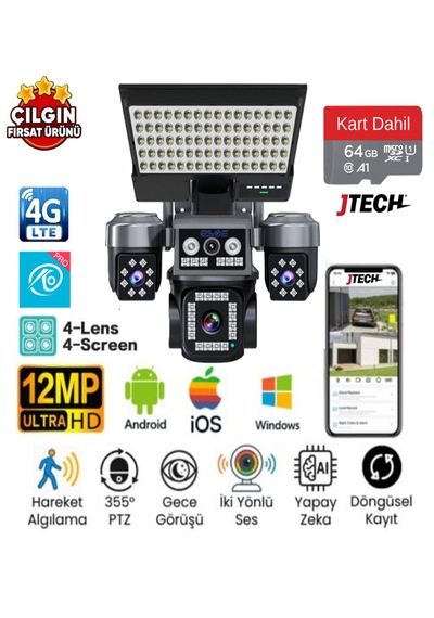 O-kam Ok-334 Premium 4g 12mp 4g Sim Kartlı Solar Panelli Projektör Lambalı 4lens 1ptz Akıllı Kamera + 64gb Sd Kart
