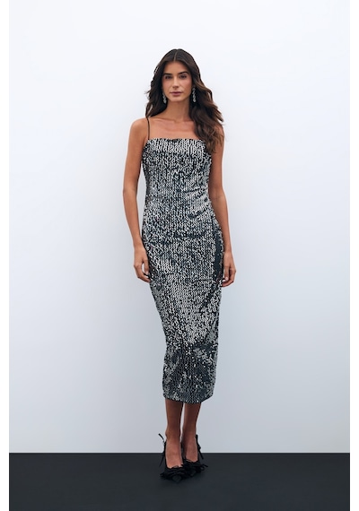 Sateen Kadife Payetli Uzun Elbise - Gümüş-135579 Gümüş