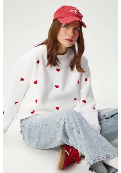 Kadın Pretty Beyaz Kırmızı Minik Kalp Sweatshirt Beyaz - Kırmızı