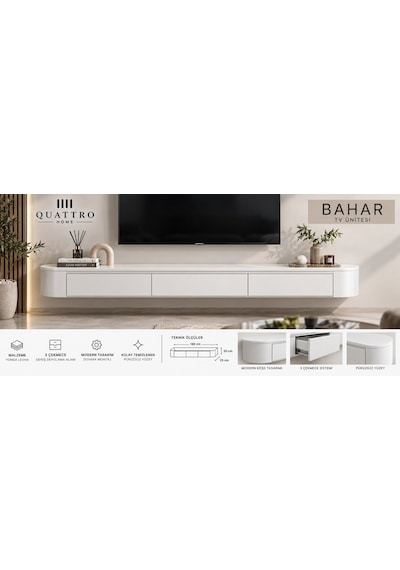Bahar Duvara Monte Tv Ünitesi 180 Cm 3 Çekmeceli Modern Beyaz Tv Sehpası