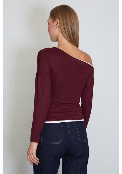 Fullamoda Garnili Kayık Yaka Drapeli Asimetrik Kesim Modal Bluz Bordo