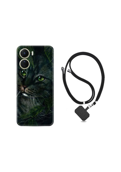 Vivo Y16 Kılıf İpli Boyun Askılı Desenli Silikon Flowers Cat 1345