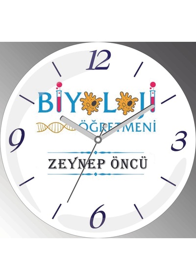 Kişiye Özel Biyoloji Öğretmen E Çap 30cm Sessiz Akar Bombeli Gerçek Cam Duvar Saati Siyah