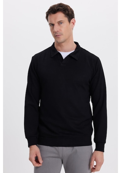 Tudors Erkek Relax Fit Rahat Kesim Polo V Yaka Siyah Sweatshirt-41922 Siyah