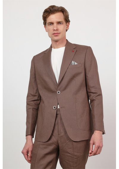 İmza Kahverengi Mono Yaka Keten 6 Drop Slim Fit Yarım Astar %100 Keten Takım Elbise 1001260164 Sütlü Kahverengi