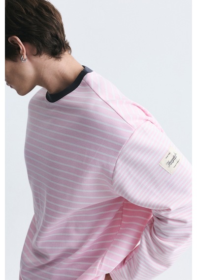 Vamos Kontrast Yaka Çizgili Sweatshirt Ekru-pembe