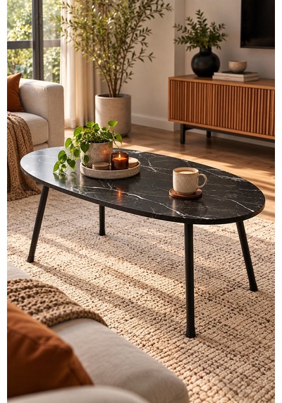 Sulorahome Siyah Oval Orta Sehpa Metal Ayaklı