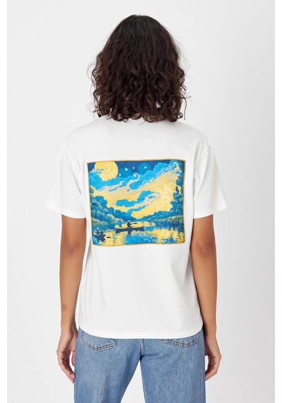 Yapay Zeka Tasarım Sırt Aplike Özel Baskılı %100 Pamuklu Penye Regular Fit T-shirt Vangogh Beyaz