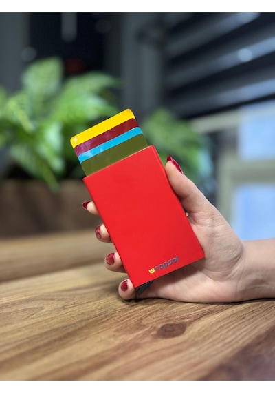 Wrapsol Mekanizmalı Kartlık Rfid Korumalı Alüminyum Otomatik Mekanizmalı Kredi Kartlık Renkli Mat Kırmızı Mat Kırmızı Mat Kırmızı