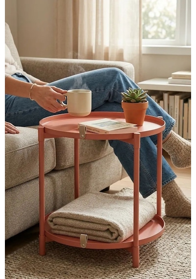 Çift Tepsili Katlanır Orta Yan Yuvarlak Sehpa Metal Ayak - Modern Sehpa 50cm 44 Cm Tepsi Deri Kulplu Şeker Pembe