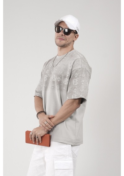 King-Brich Oversize Kalıp Logo Baskılı Bisiklet Yaka Basic Tişört Gri