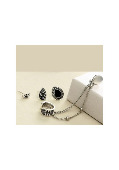Lunarie Gümüş Kaplama Siyah Taşlı Vintage Ear Cuff Seti Küpe
