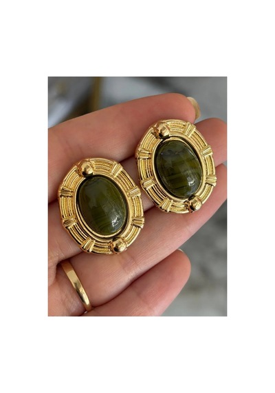 Vintage Model Gold Çerçeveli Haki Küpe Altın