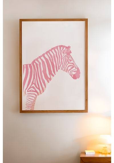 Pembe Zebra Doğal Ahşap Çerçeveli Poster, Dekoratif Hayvan Duvar Tablosu
