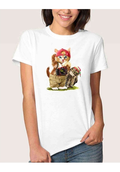 Watercolor Cat And Owl Kadın Beyaz Tshirt