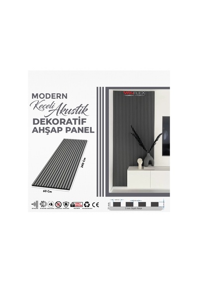 Keçeli Dekoratif Akustik Ahşap Panel Antrasit Gri 60x240cm .